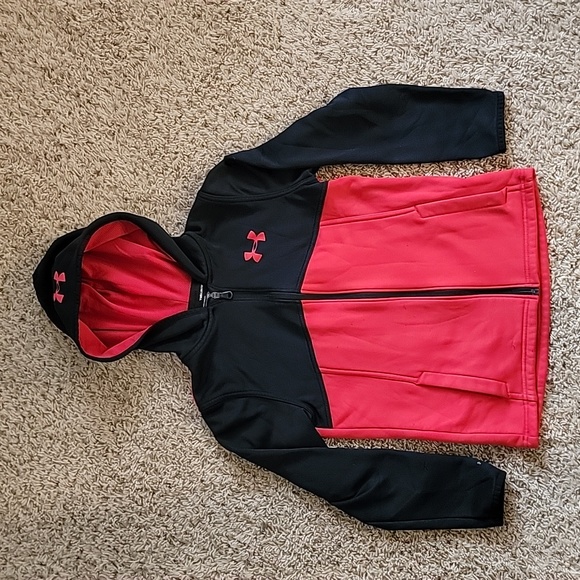 Under Armour, Youth M, full-zip hooded sweatshirt. Color red and black. - Picture 1 of 3
